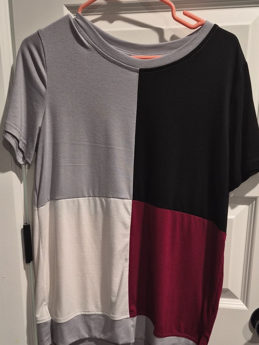 Colorblock Short Sleeve Women's Top - Gray, Black, White & Burgundy